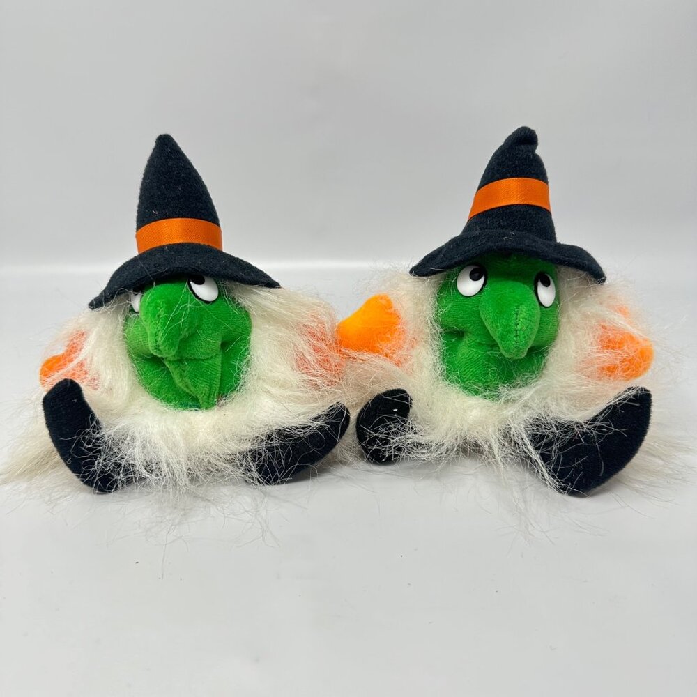 Vtg Halloween Witch Dolls Green Faces White Hair Black Hats Orange Hands 5 Inch